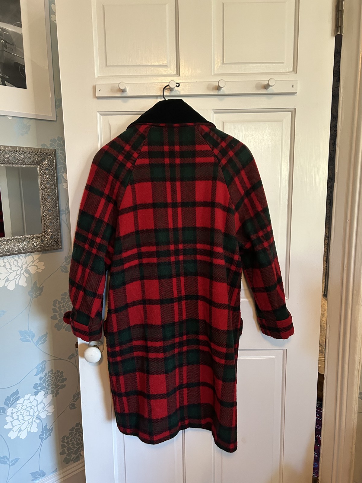 1980s Red Plaid Coat with Black Velveteen Collar, image 2