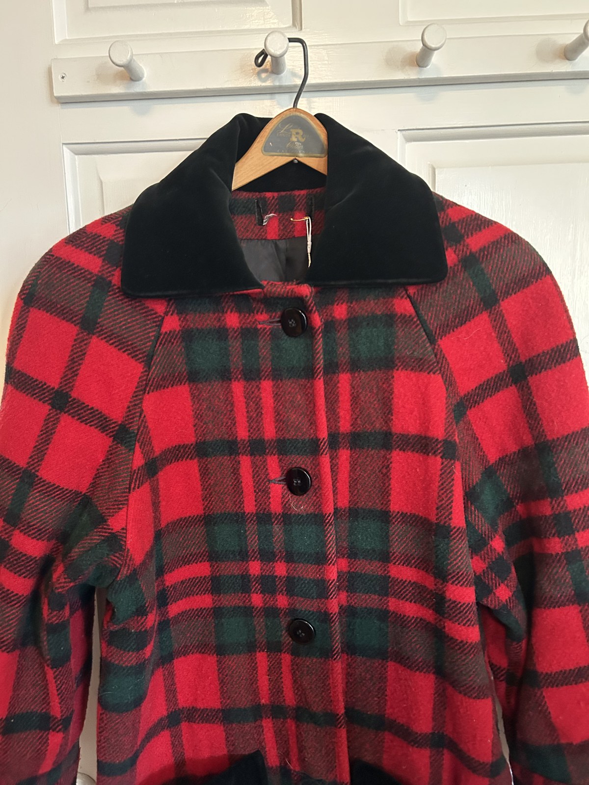 1980s Red Plaid Coat with Black Velveteen Collar, image 3